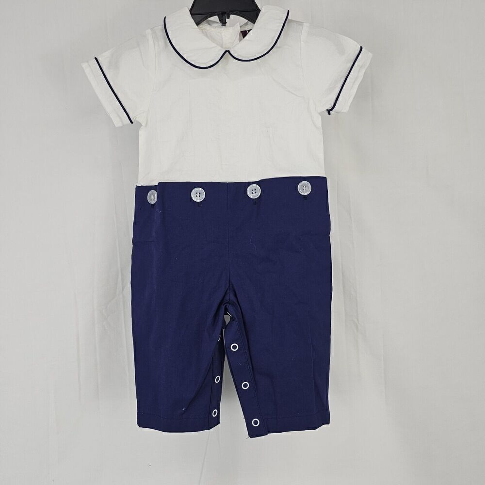 Lil Cactus Pique Button On Pants Romper Boys Size 3-6 Months Outfit Navy White